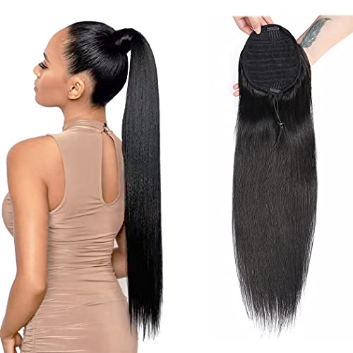 Straight Ponytail Extensions Human Hair Wrap Drawstring Adjustable Clip In Pony Tail 100% Unprocessed Brazilian Hair Natural Black (14")