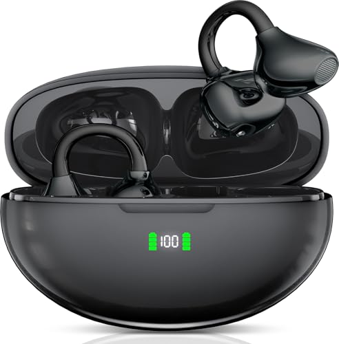 ROTRES Open-Ear Bluetooth Kopfhörer 6.1, Clip-On Kopfhörer mit ergonomischem Clip-Design – 6-9 Std Spielzeit pro Ohr, 80 Std Standby Ladecase, Sicherer Halt, Intensiver Klang(Schwarz)