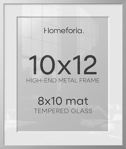 Image of Homeforia 10x12 Picture Frame Silver, High End Metal 10x12 Frames with Mat 8x10, 10 x 12 Silver Poster Frame Matted to 8 x 10 inch Photo, 10by12 Thin Hanging Frames, Tempered Glass, Wall Kit, Set of 1