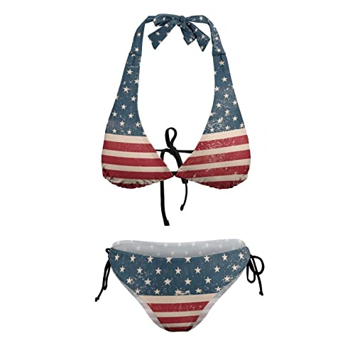 Image of Womens American Flag Bikini Swimsuit Sexy String Halter 2 Piece Triangle Bathing Suits
