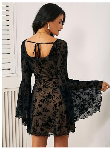 WDIRARA Women's Floral Jacquard Mesh Gothic Dress Bell Long Sleeve A Line Vintage Dresses2