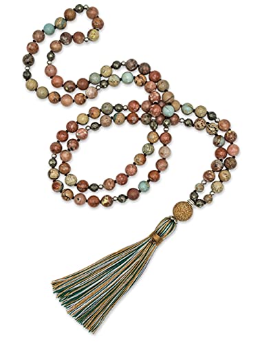 BENAVA Mala Kette aus 108 Perlen Bunt Jaspis Pyrit Stein | Yoga Kette mit Quaste und Achat Anhänger | 100 cm