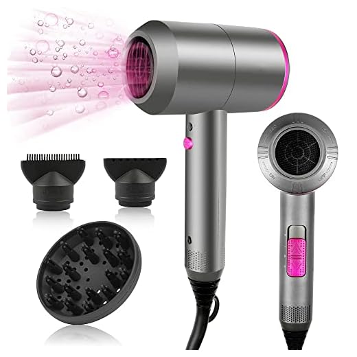 Hair Dryer Ion Hair Dryer AC Motor Quick Drying Professional Hair Dryer with 2 Speed and 3 Heat Settings, Cold Air Button with 1 Diffuser & 2 Concentrators Grey