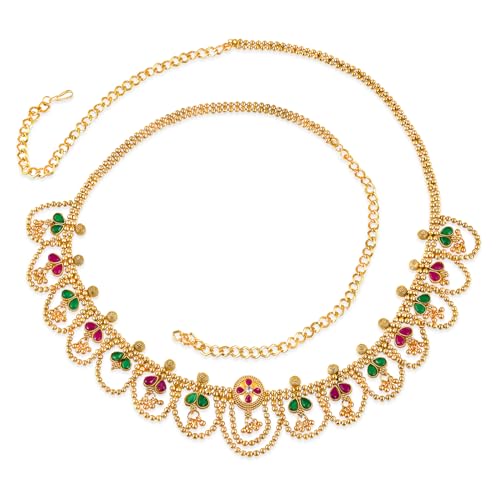 Image of Peora Traditional Gold Plated Rani Pink Green Synthetic Stone Studded Belly Chain Kamarband Ethnic Fashion Jewellery for Girls & Women