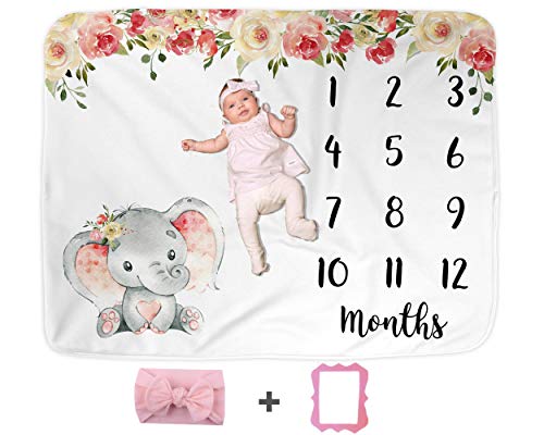 Image of Elephant Baby Monthly Milestone Blanket with Head Bow, Floral Pink Newborn Month Blankets Girl, Track Months Photo Prop Growth Mat, Nursery Swaddling Wrap, Infant Photography (50"x40", Minky)