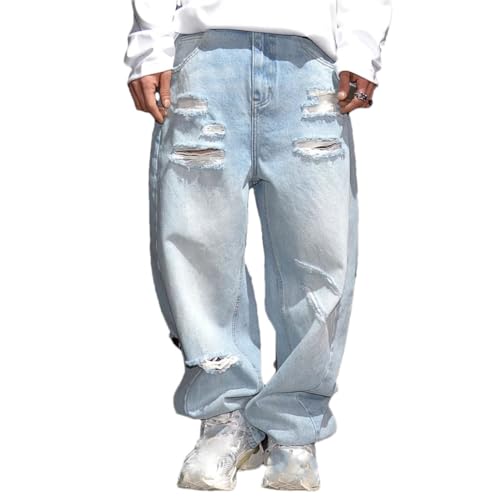 Men’S Chic Slim Fit Straight Denim Cargo Full Length Jeans Button Fly Midweight Distressed Hole Detail Casual Wear Pants