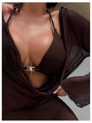 WDIRARA Women's 3 Piece Bikini Set High Cut Halter Swimsuit with Long Sleeve Drawstring Cover Ups2