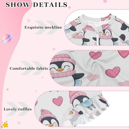 Cute Penguin and Pink Love Heart Girls Long Sleeve Swimsuit Rash Guard One Piece Bathing Suits Zipper 3-12T4