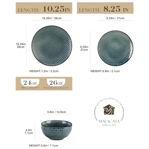 Image of MALACASA 12 Pieces Dinnerware Sets, Farmhouse Plates and Bowls Sets, Embossed Green Dish Set for 4, Vintage Relief Ceramic Dish Set, Chip-Resistant, Microwave and Dishwasher Safe, Series LYDIA