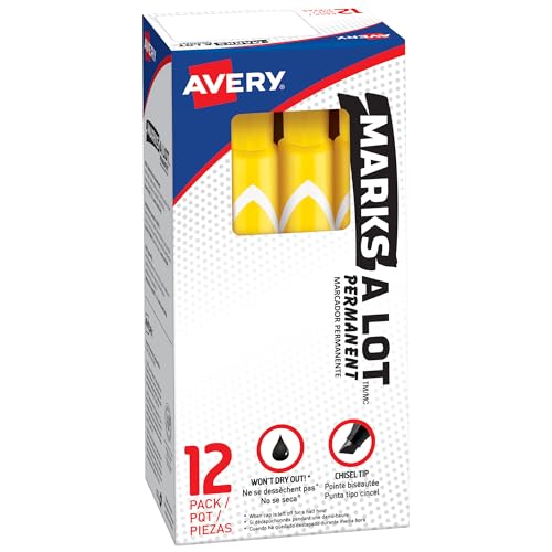 Avery Marks A Lot Permanent Markers, Chisel Tip, Large Desk-Style Size, 12 Yellow Markers (08882)
