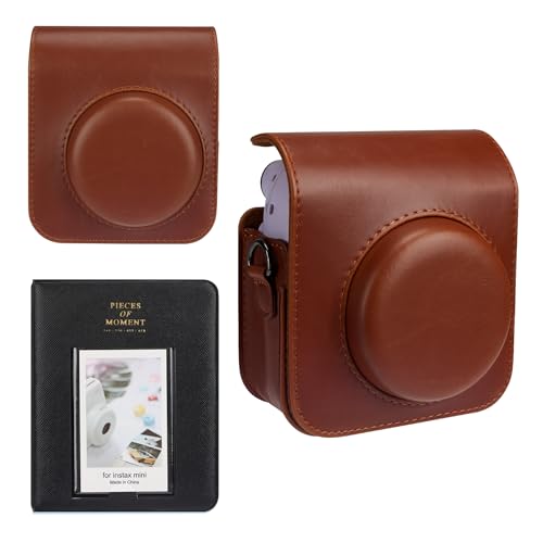 Meetikar Kameratasche und 64 Taschen Fotoalbum kompatibel mit Fujifilm Instax Mini 12 Sofortbildkamera, PU Leder tragbare Mini 12 Kameratasche mit verstellbarem Schulterriemen (Braun)