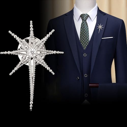 Image of Creative Octagram Star Brooch Pin Eight Awn Star Snowflake Zircon Badge Pins for Clothes Hats Elegant Suit Lapel Pin Shirt Collar Pin Jewelry Gifts for Women Men