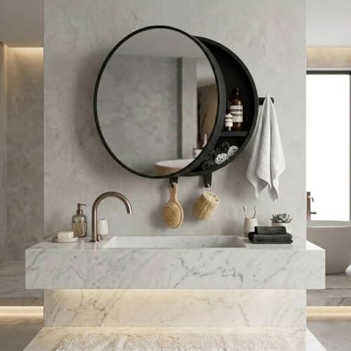 Image of CIPLA PLAST Pearl Round Bathroom Mirror Cabinet with Towel Holder | Wall-Mounted Modern Design Cabinet with Storage | Moisture-Resistant Bathroom Organizer with Toothbrush Holder (Black)