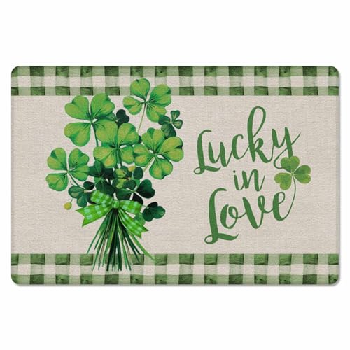 St. Patrick's Day Kitchen Bath Door Mat Cushioned Runner Rug,Washable Welcome Floor Sink Antifatigue Mat,Waterproof Non-Slip Comfort Standing Doormat,Lucky Spring Plant Black Buffalo Checkered 18
