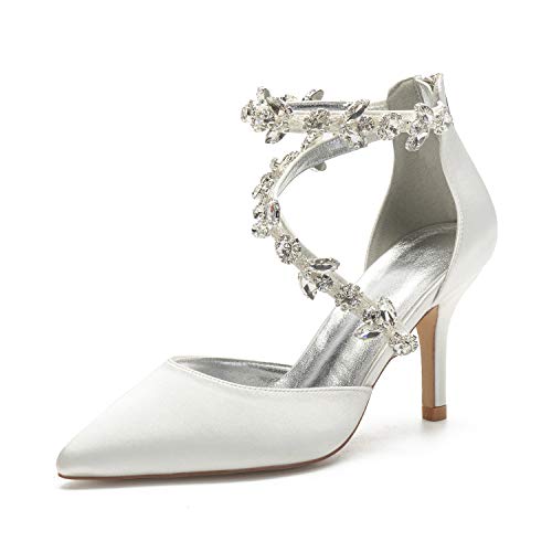 Women's Pointed Toe High Heels Pumps Ankle Strap Rhinestones Satin Heels Wedding Shoes for Bride Prom Party Dress Shoes Sandals Ivory 602-7 Size 7