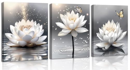 Image of Framed Zen Lotus Flower Wall Art,White Lotus and Butterfly Canvas Prints
