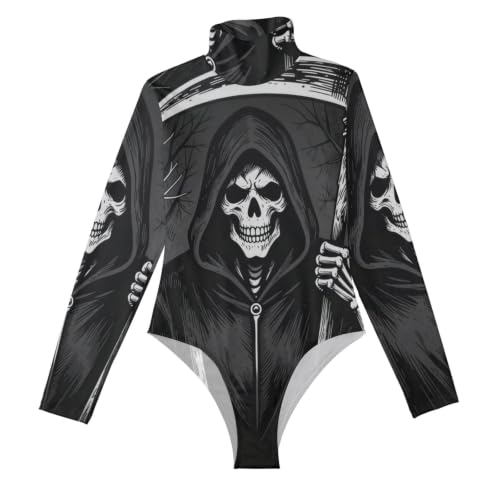 Body de manga larga para mujer GuoChe con estampado de calavera y cuello alto