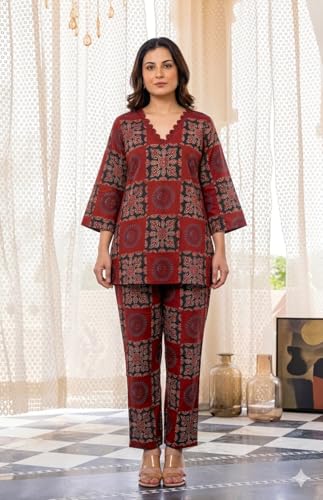Image of Cotton Block Print Co-ord Set, Maroon and Black, V-Neck Top with Matching Pants