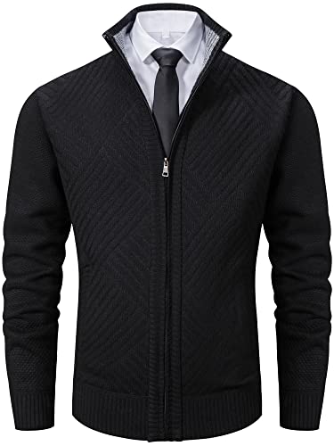 Vcansion Men's Casual Full Zip Long Sleeve Stand Collar Warm Knitted Cardigan Sweaters Black US S