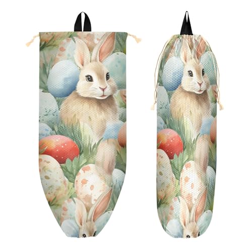 Porta sacchetti di plastica con coniglio pasquale in erba uova, organizer da appendere, borsa della spesa riutilizzabile, lavabile, dispenser per casa e cucina, confezione da 2