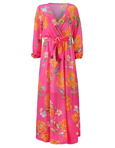 lvenzse Womens Maxi Dress Boho Chiffon Floral Printed Long Party Dresses Plus Size with Belt (FBA)3