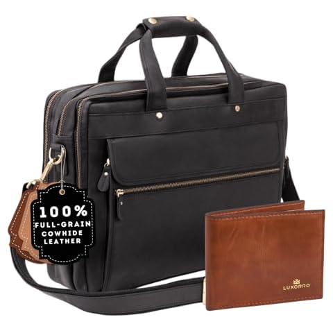 Full-Grain Leather Briefcases for Men with Multiple Compartments, Light Brown, Fits 15.6 Inch Laptop and Leather Wallet Bundle Cover