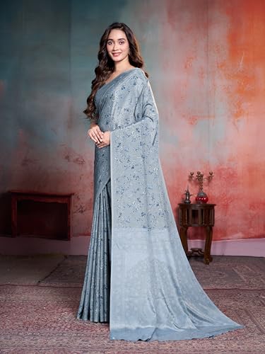 Image of Garden Vareli Floral Print Crepe Saree With Unstitched Blouse Piece