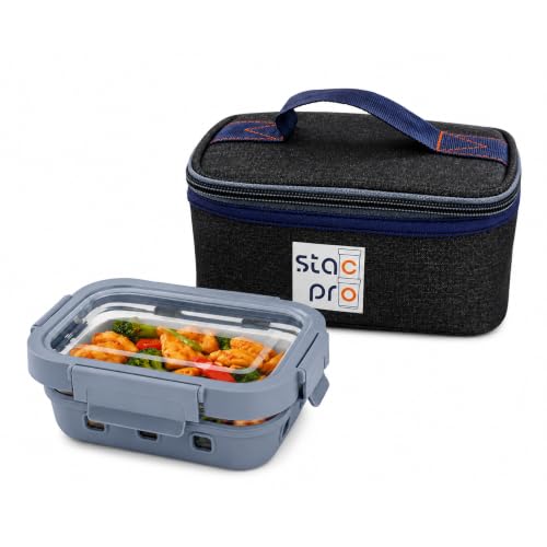 Image of Borosilicated Glass Lunch Box with Insulated Lunch Bag, 370ml | Leakproof Airtight Bento Box for Office, School, College & Travel | 4 Side Secure Locking Clip Lid (Glacier Blue)