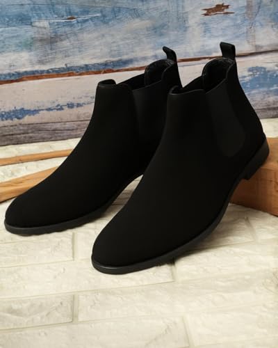 Image of Men's Leather Chelsea Boots, Ankle Length Slip-On with Memory Foam Insole, Block Heel, Round Toe, Water Repellent, Formal Wear, Black