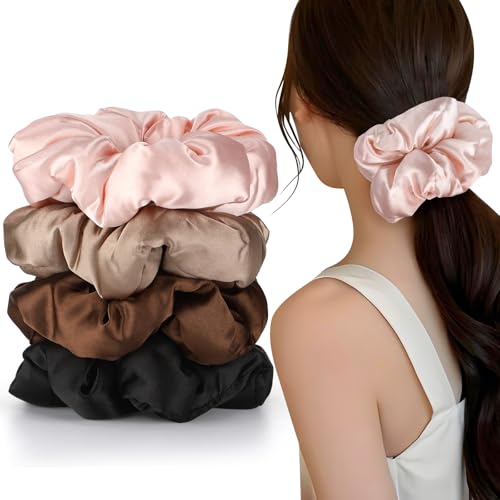 4Pcs Large Satin Hair Scrunchies, Big Pillow Scrunchies for Women Girls Silk Sleepy Scrunchie...