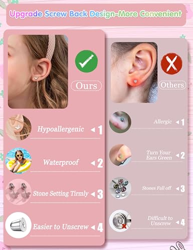 Image of CASSIECA 16 Pairs Hypoallergenic Screw Back Earrings for Women Girls 316L Stainless Steel CZ Ball Heart Flower Screwback Flat Back Stud Earrings Jewelry Gift Women Multicolored Pink