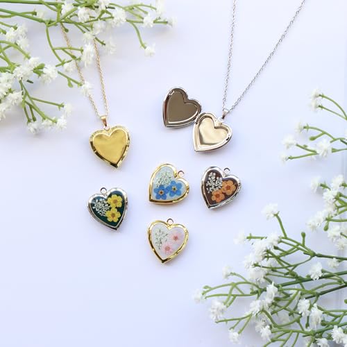 Handmade Heart Shaped Dried Pressed Forget Me Not Flower Photo Locket Pendant Necklace3