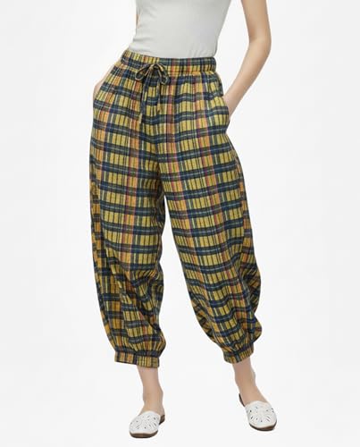 Women Gingham Capri Pants Wide Leg Plaid Palazzo Long Bloomers Fall Casual Checkered Cotton Culottes3