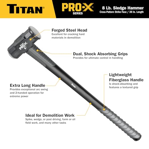 Image of Titan Pro-X 63018 8lb Sledge Hammer, Dual-Face Sledge with Cross-Pattern Face for Concentrated Power & Flat Face for Stake Driving, Overstrike Protection, 36 inch Fiberglass Handle with Textured Grip