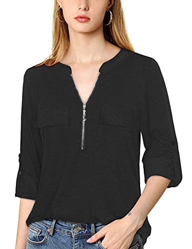 Moyabo-Damen-V-Ausschnitt-Karrierte-Bluse34-aeRmel-Tunika-ReissVerschluss-Langshirt-Langarm-Hemd-Laessiger-T-Shirt-Oberteile-Tunika-Tops