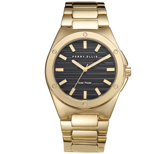 Perry Ellis Solar Powered Mens Watch | Alloy Bracelet | Water-Resistant Analog Wrist Watches for Men | 42mm Case | Relojes para Hombres | Elegant Gift for Man (Gold)