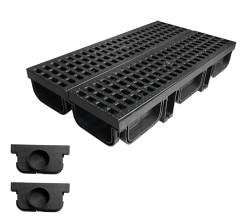 Natotela HDPE Trench Drain System-19.7Lx5.5Wx3.7H in. Channel Drain with Grates,2 Pack Total Length 39.4 in,Yard Drainage System with 2 Outlet Adapters for Outdoor,Yard Fence,Pool,Sidewalk,Patio