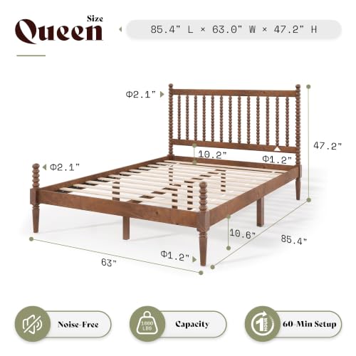 Image of AMERLIFE Solid Wood Bed and Bobbin Headboard, Queen Size, Dark Walnut