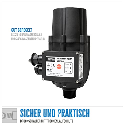 Güde Druckschalter mit Trockenlaufschutz (230 V, Nennstrom: 10 A, max. Betriebsdruck: 10 bar, max. Temperatur: 35 °, Anschlussgewinde: AG 1 , 1 m Anschlusskabel, für Pumpen mit Druck von 1,5-10 bar)
