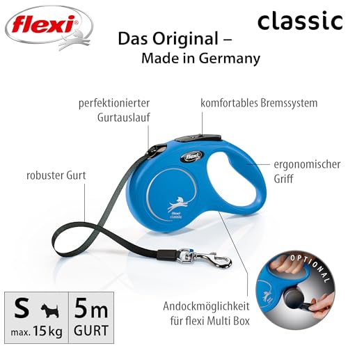 flexi® Classic S | 5m Gurt Roll-Leine für kleine Hunde bis 15 kg | Blau | ausziehbare Hundeleine | Gewicht 200.1 gr | Maße 10 x 16.5 cm