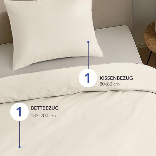Foto von Dreamzie Bettwäsche Set 135x200 Mako Satin - Beige - 1 Bettbezug 135x200 cm mit 1 Kissenbezug 80x80 cm - Oeko-Tex Zertifiziert - Bettwäsche 135x200 Baumwolle 2teilig