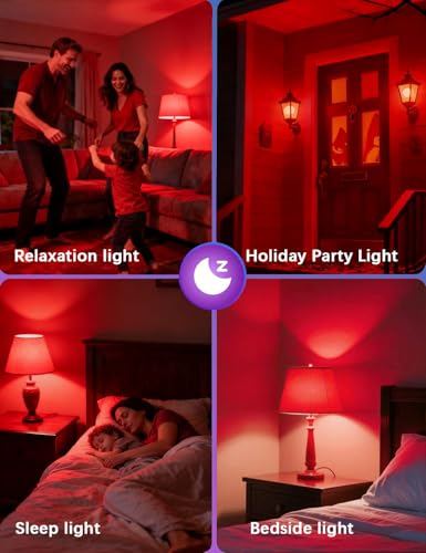 Image of 630nm Red Light Bulbs for Sleep Dimmable, 100% Blue Light Blocking A15 Red LED Dim Bulbs Bedroom Night Light for Party Decoration, Porch, Holiday Lighting etc Home Bulb E26 Base 5W 4Pack