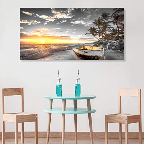 Image of Beach Wall Art Canvas Prints Art Black and White Sunset Seascape Pictures Bedroom Decor Boat Tree Ocean Landscape Painting for Living Room Office Decoration Natural Scenery Artwork 20x40inches