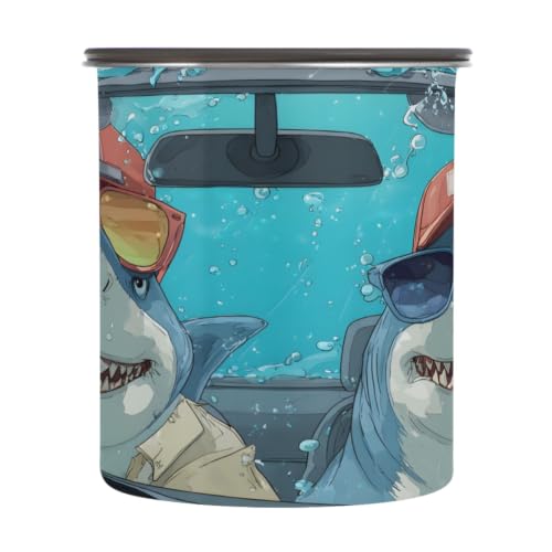 ALAZA Cartoon Shark Driving Funny Animals Airtight Coffee Bean Canister 900ML Food Storage Containers with Lids For Gournd, Tea, Sugar, Flour, Rice, Cereal, Candy Cookie Jar