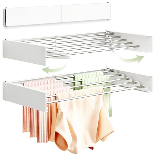 BOQORAD Clothes Drying Rack Wall Mounted 32“,Drying Rack Clothing Wall Mount,Laundry Drying Rack,Wall Mounted Clothes Hanging Rack (White)