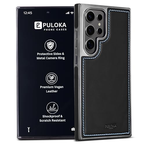 Image of PULOKA Chrome Leather Back Case - Compatible with Samsung Galaxy S23 Ultra - Luxury Bumper Case - Flexible Vegan Leather - Electroplated Sides - Full Camera Protetection & Raised Edges - Black