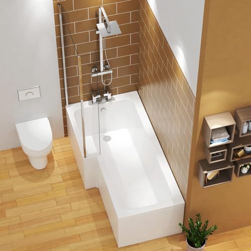 Qubix 1700 x 850mm Left Hand L-Shaped Shower Bath Bathtub with MDF Front Panel + Glass Shower Screen