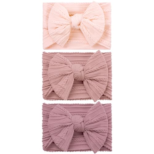 baotongle 3pcs Baby Girls Headbands Soft Stretchy Nylon Hair Bands Hair Accessories with Bows for Newborn Baby Girls Infant Toddlers Kids(Blush...