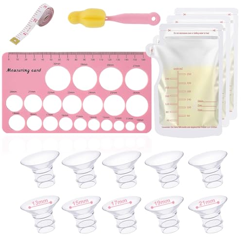 Flange Sizing Kit 5 in 1, 60 Count Breastmilk Storage Bags, Silicone Nipple Ruler, Soft Tape Measure, Cleaning Brush, 10PCS 13/15/17/19/21mm Flange Inserts for 24mm Breast Pumps New Mom Gifts