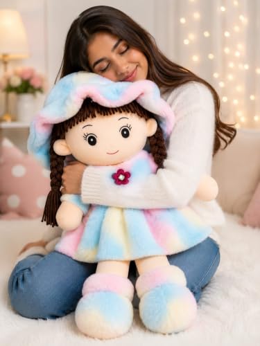 Image of Soft Hat Doll for Kids 60 CM Cute Plush Rag Doll with Braided Hair and Cap, Washable Stuffed Toy for Girls